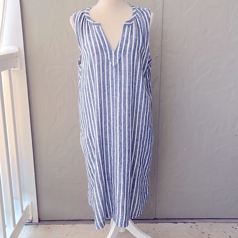 Beach Lunch Lounge Linen Cotton Striped Dress Shift Dress Cape Cod L